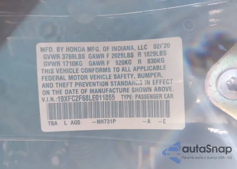 2020 Honda Civic Lx from USA, damaged, VIN 19XFC2F68LE011865